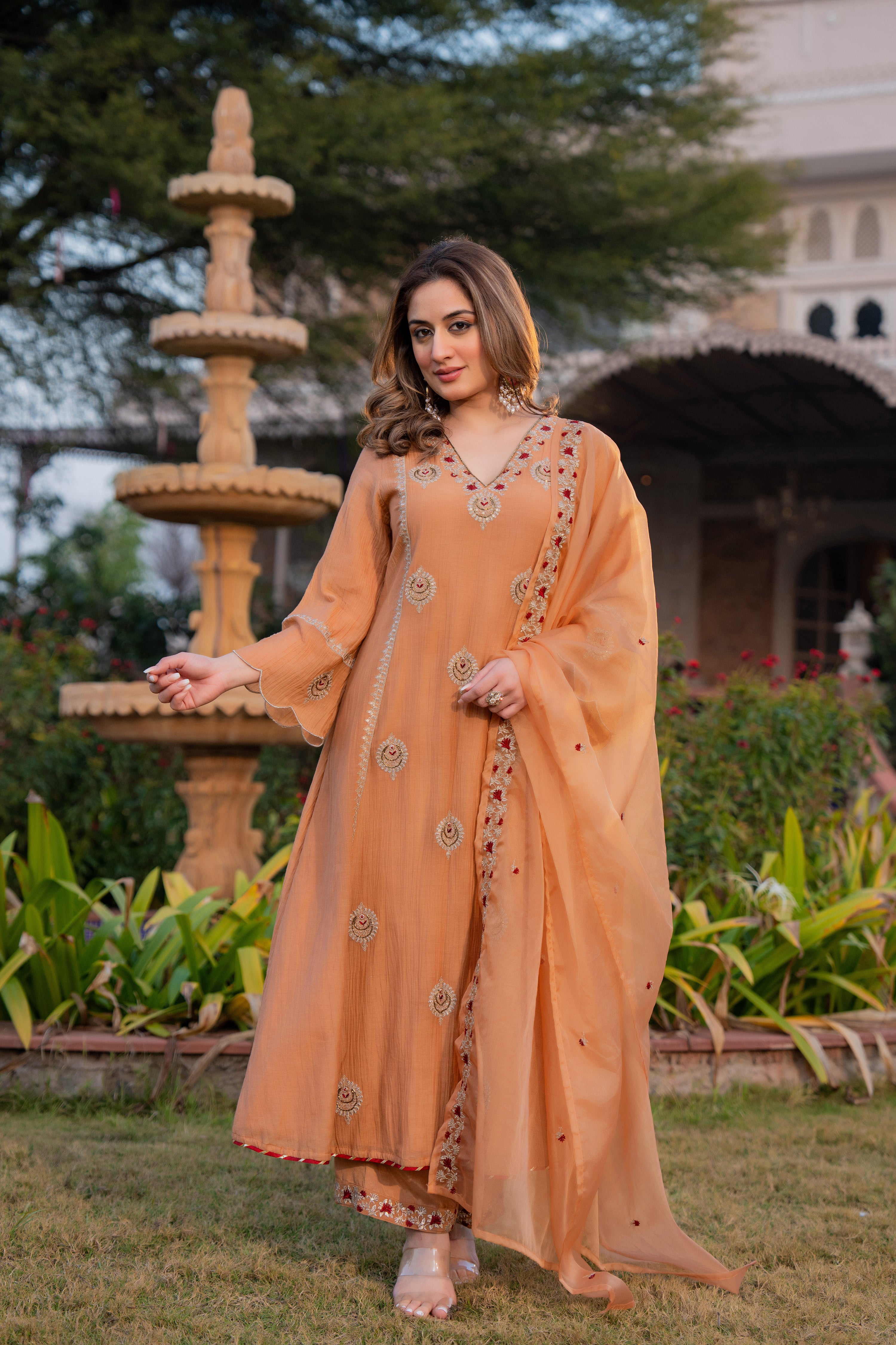 Soft Peach Chanderi Suit Set - Image 21