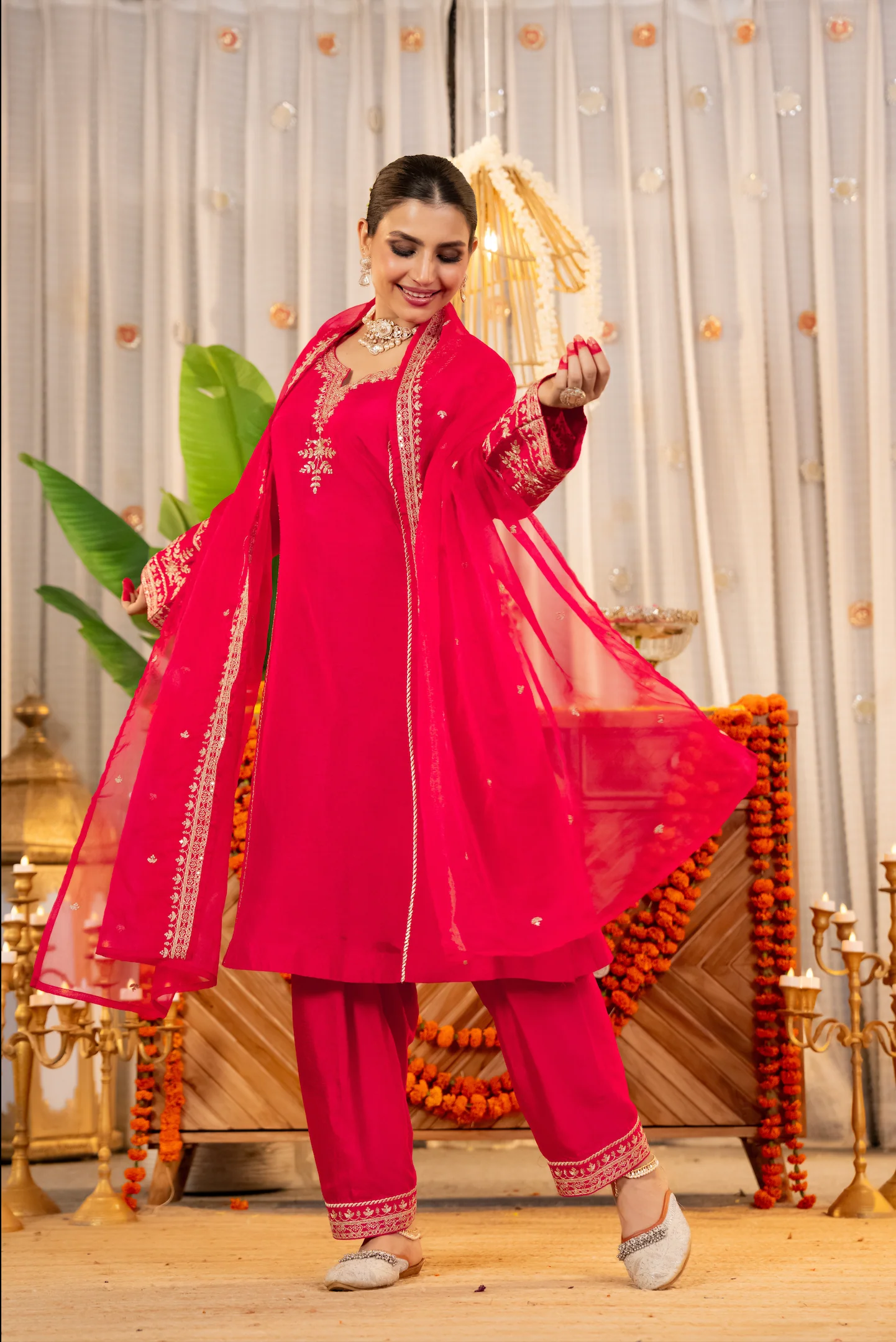 Crimson Glow Dola Silk Suit Set - Image 3
