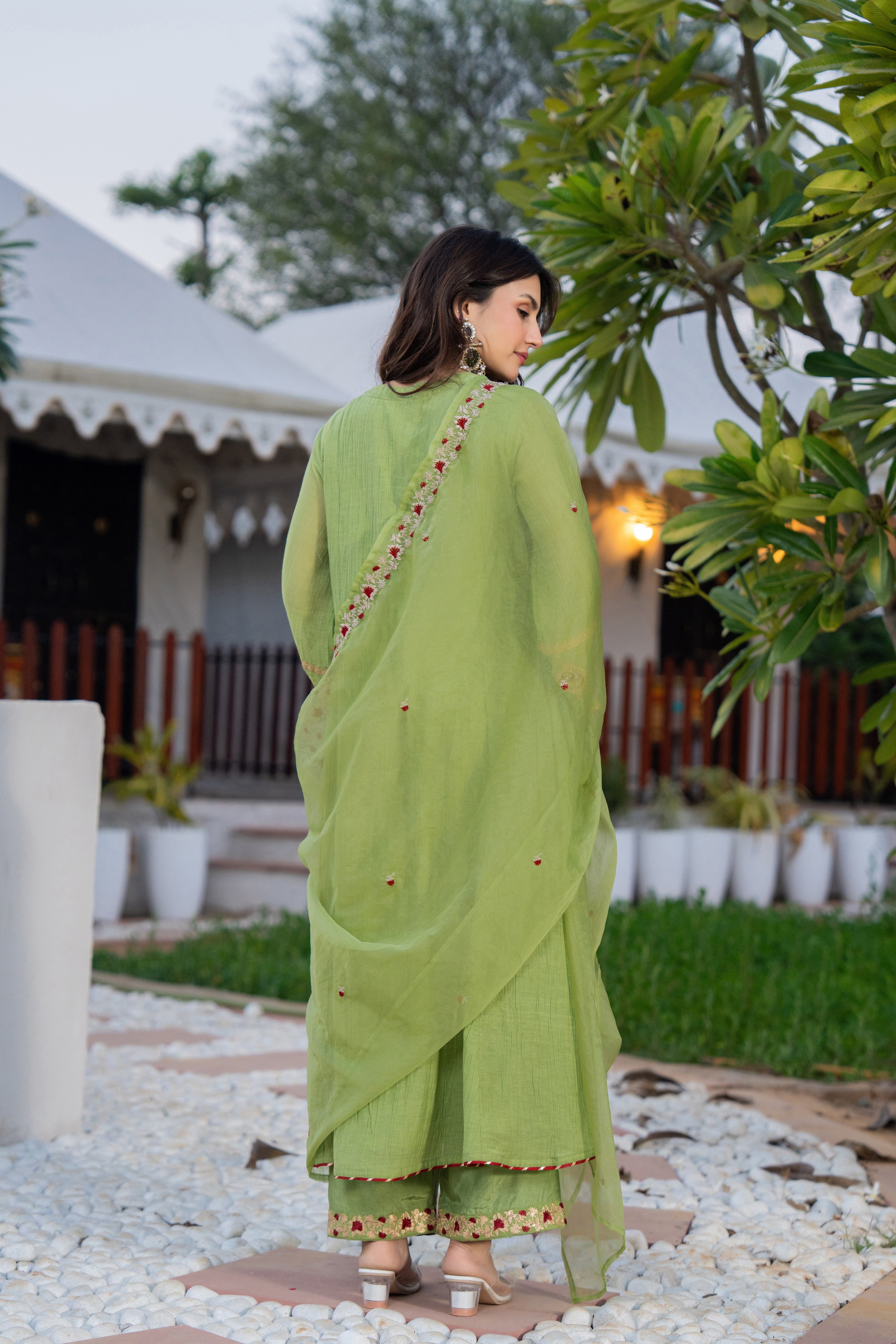 Pista Green Chanderi Embroidered Suit Set - Image 13