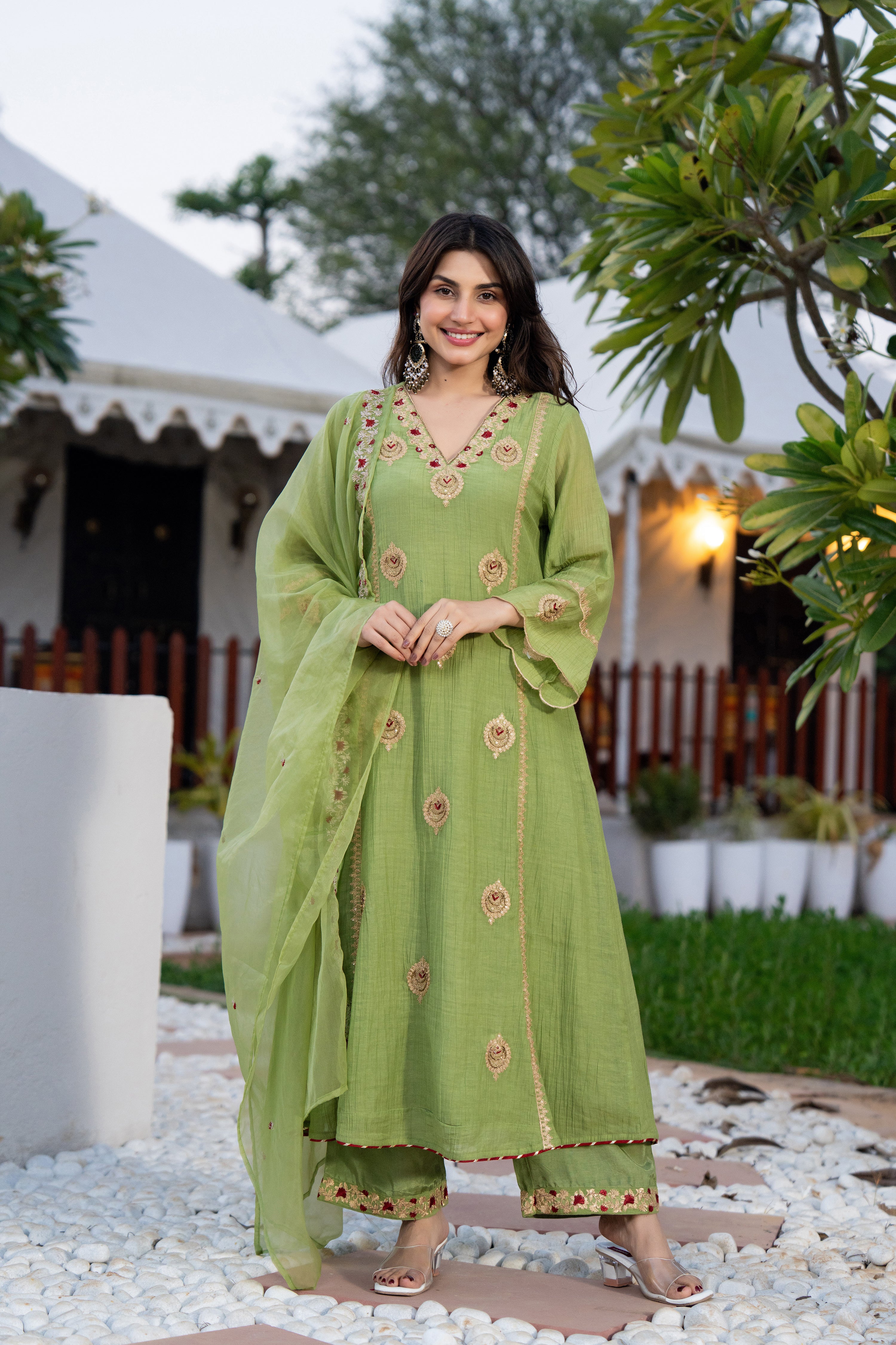 Pista Green Chanderi Embroidered Suit Set - Image 3