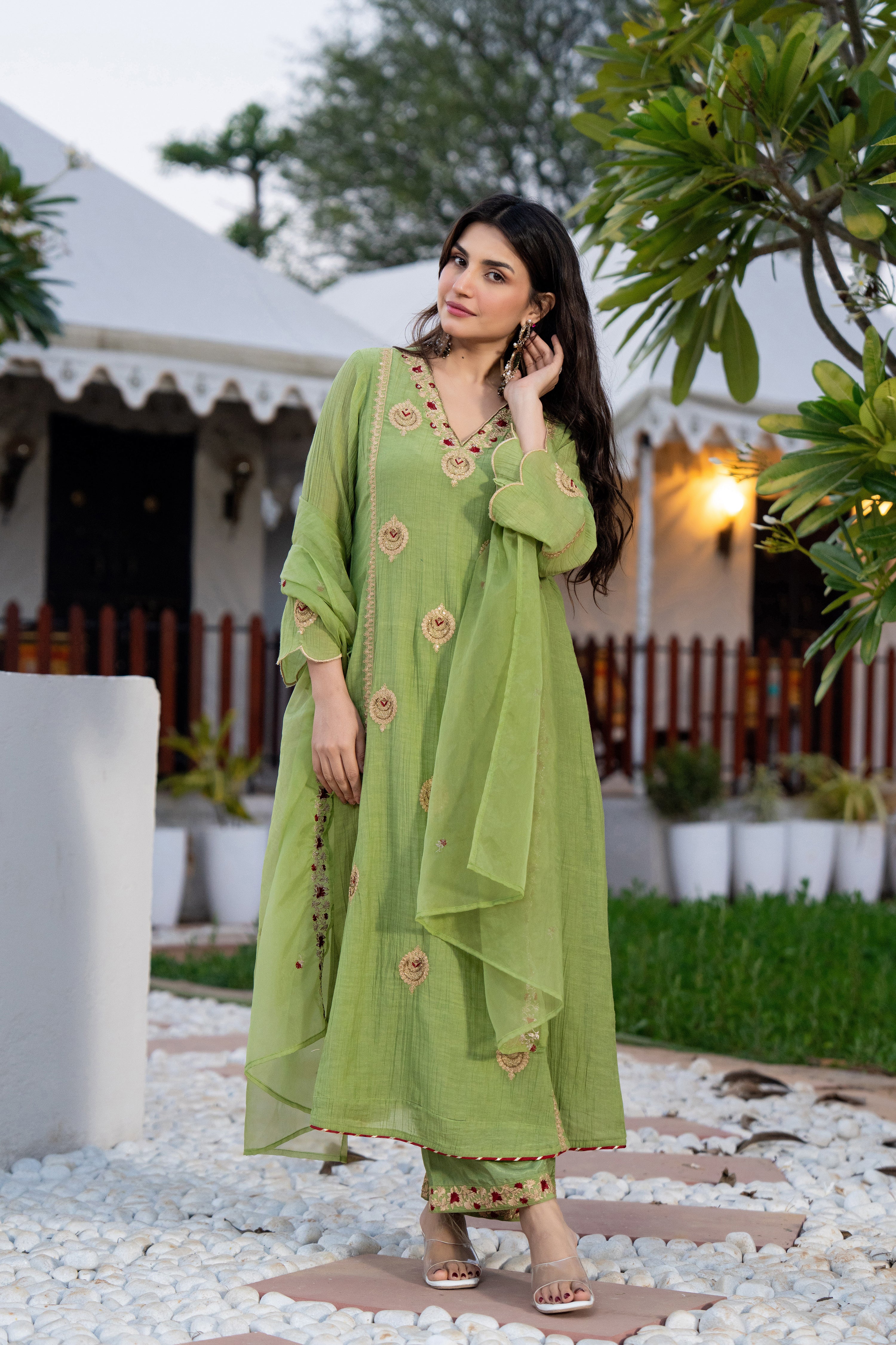 Pista Green Chanderi Embroidered Suit Set - Image 5