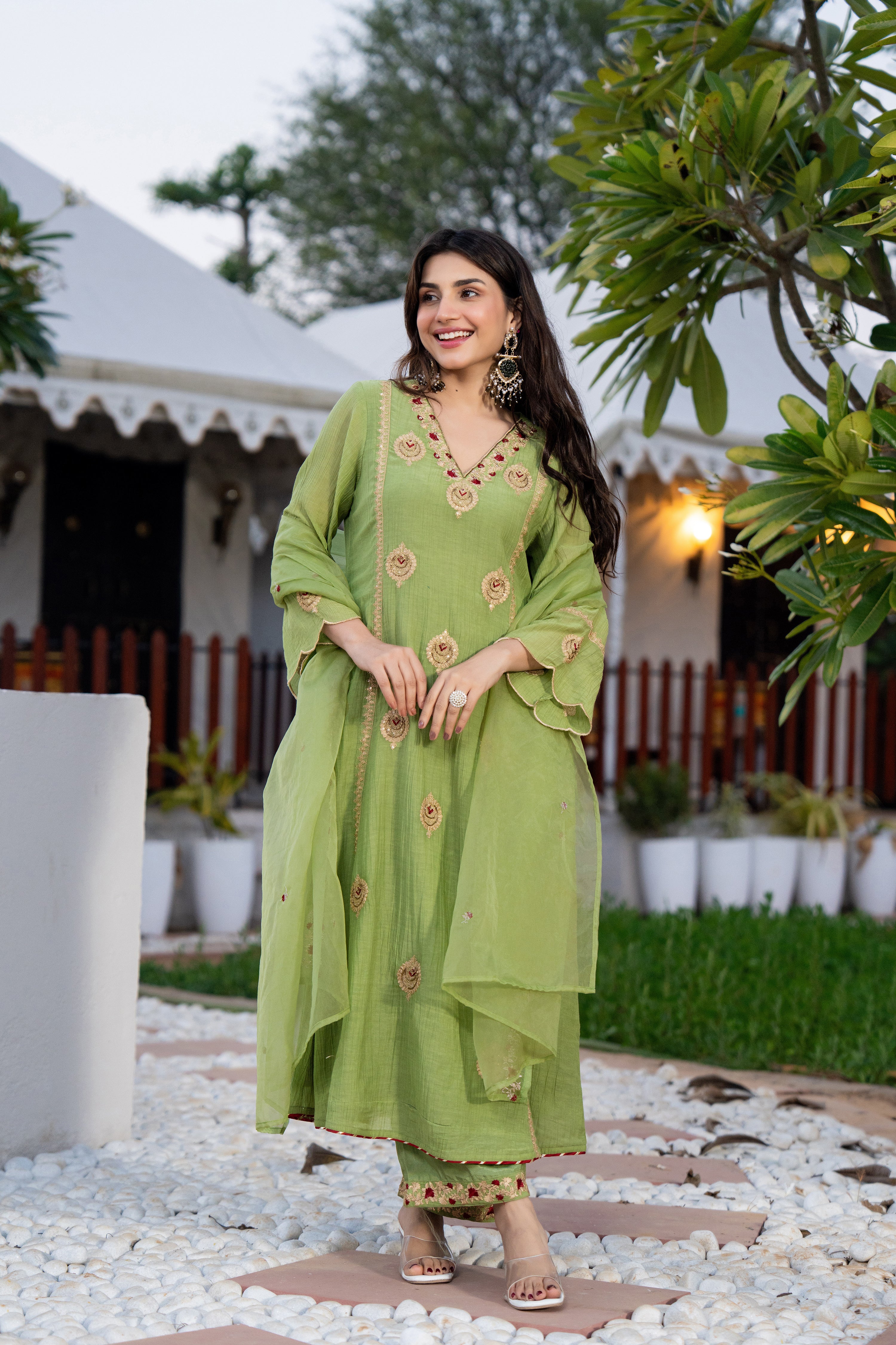Pista Green Chanderi Embroidered Suit Set - Image 7